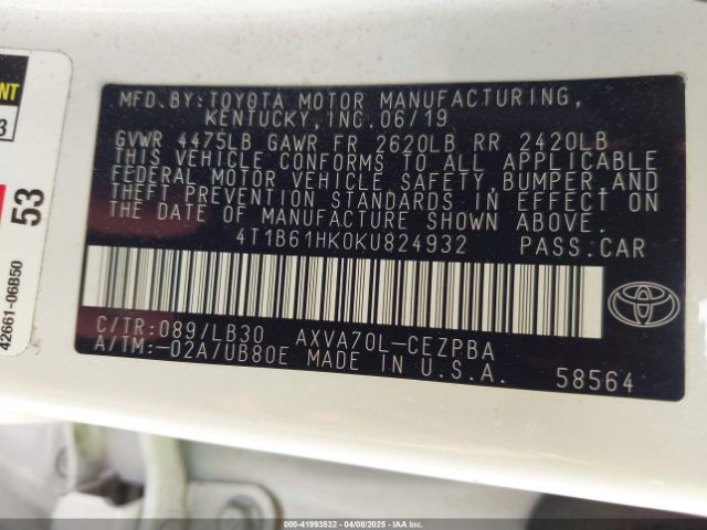 4T1B61HK0KU824932 Toyota CAMRY XSE