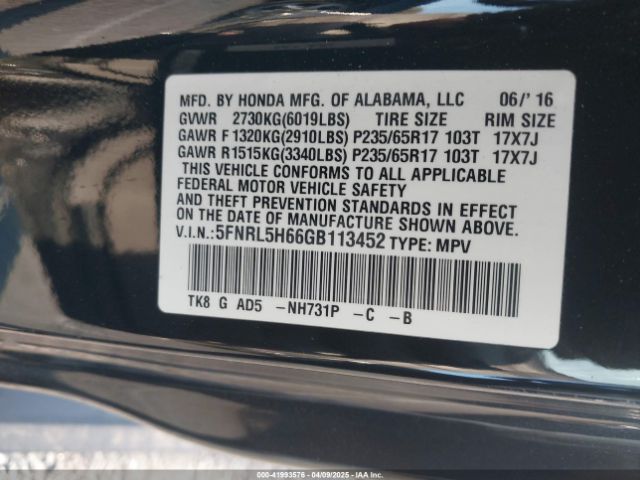 5FNRL5H66GB113452 Honda Odyssey Ex-l