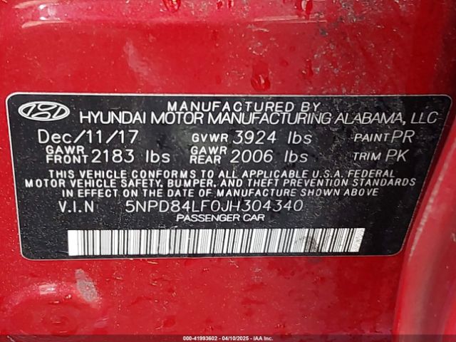5NPD84LF0JH304340 Hyundai ELANTRA SEL