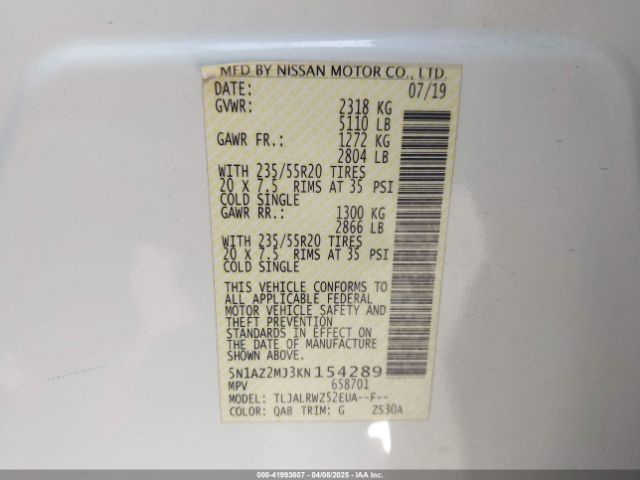 5N1AZ2MJ3KN154289 Nissan MURANO SL