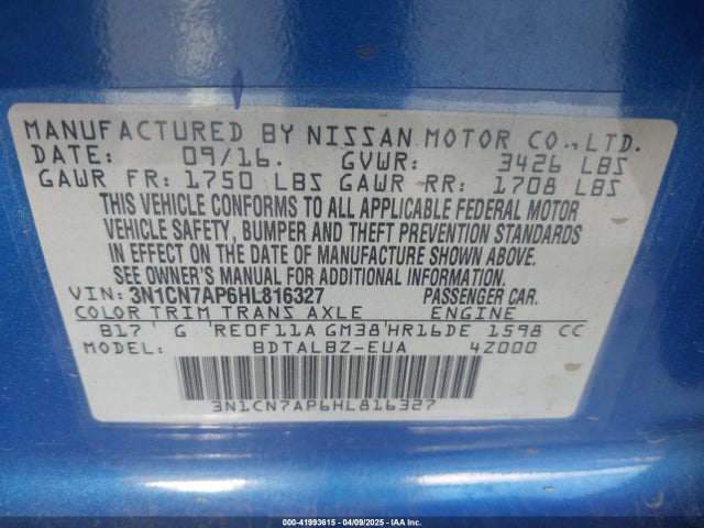 3N1CN7AP6HL816327 Nissan Versa 1.6 Sv