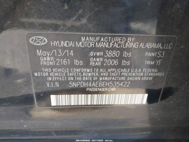 5NPDH4AE6EH535422 Hyundai ELANTRA SE