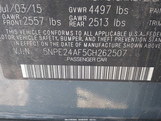 5NPE24AF5GH262507 Hyundai SONATA SE