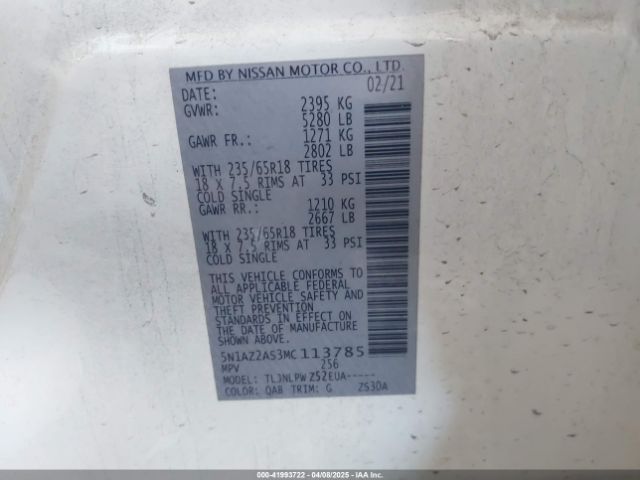 5N1AZ2AS3MC113785 Nissan Murano S Intelligent Awd