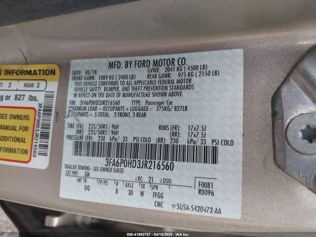 3FA6P0HD3JR216560 Ford FUSION SE
