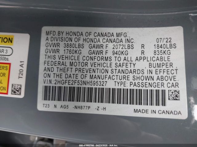 2HGFE2F53NH595327 Honda Civic Sport
