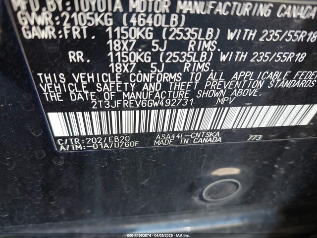 2T3JFREV6GW492731 Toyota RAV4 SE