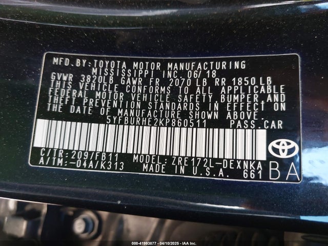 5YFBURHE2KP860511 Toyota COROLLA LE