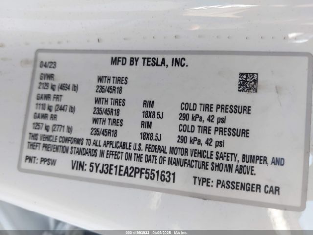 5YJ3E1EA2PF551631 Tesla Model 3 Rear-wheel Drive