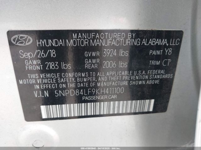 5NPD84LF9KH411100 Hyundai ELANTRA SEL