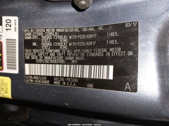 5TDYZ3DC1HS837895 Toyota Sienna Xle 8 Passenger