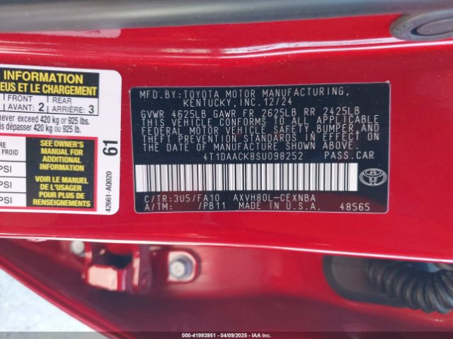 4T1DAACK8SU098252 Toyota CAMRY LE