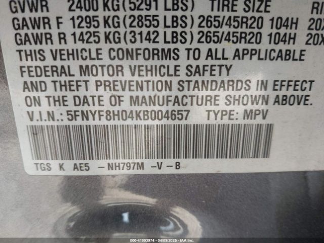 5FNYF8H04KB004657 Honda Passport Elite