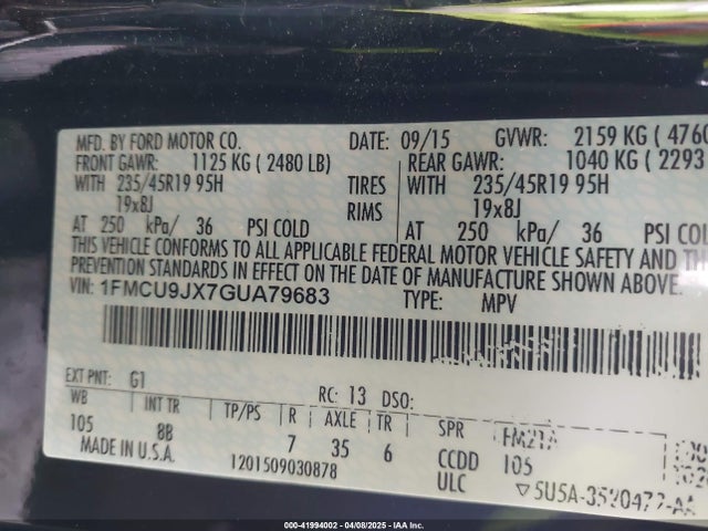 Продажа на аукционе авто 2016 Ford Escape Titanium, vin: 1FMCU9JX7GUA79683, номер лота: 41994002