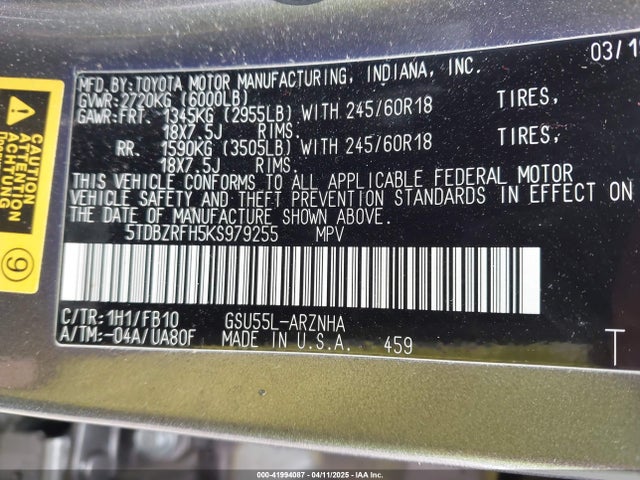 5TDBZRFH5KS979255 Toyota Highlander Le