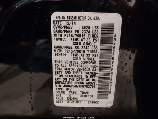 JN8AS5MV4FW752795 Nissan Rogue Select S