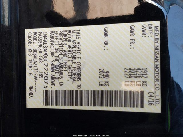 1N4AL3AP0GC222075 Nissan ALTIMA 2.5