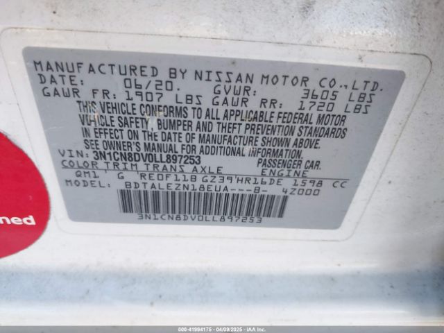 3N1CN8DV0LL897253 Nissan Versa S Xtronic Cvt