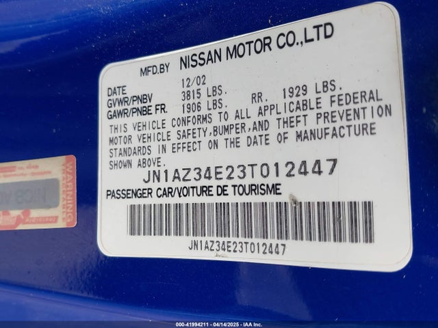 2003 Nissan 350z Touring მანქანა იყიდება აუქციონზე, vin: JN1AZ34E23T012447, აუქციონის ნომერი: 41994211