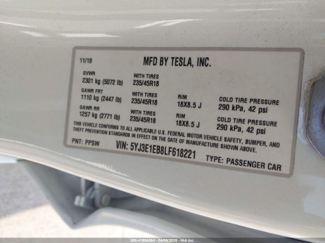 5YJ3E1EB8LF618221 Tesla Model 3 Long Range Dual Motor All-wheel Drive