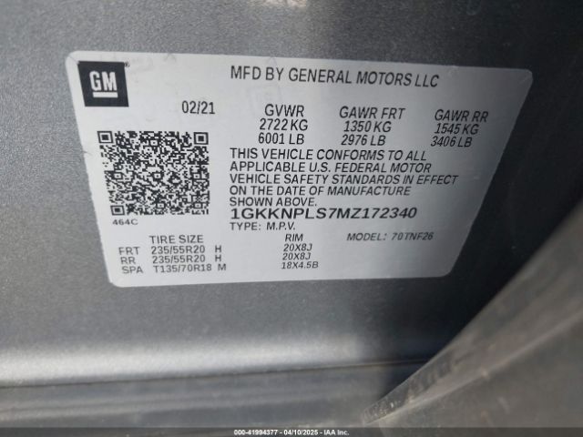1GKKNPLS7MZ172340 GMC Acadia Fwd Denali