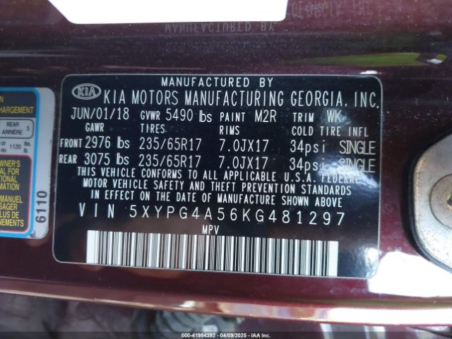5XYPG4A56KG481297 KIA Sorento 3.3l Lx