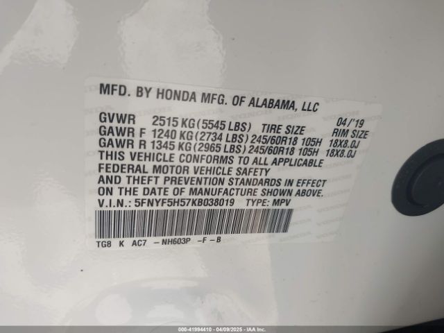 5FNYF5H57KB038019 Honda Pilot Ex-l