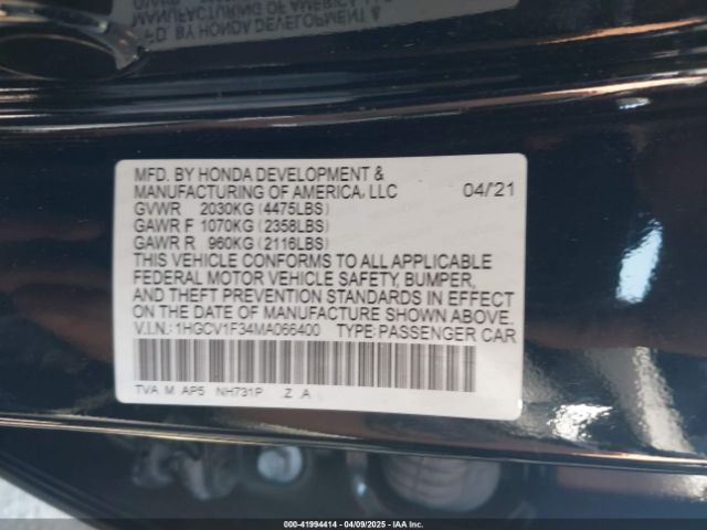 1HGCV1F34MA066400 Honda Accord Sport