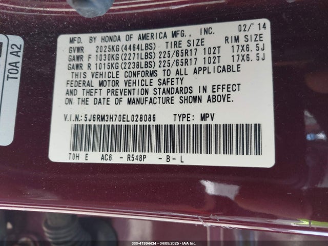5J6RM3H70EL028086 Honda Cr-v Ex-l