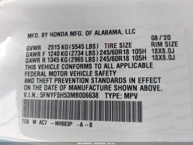 5FNYF5H53MB006638 Honda Pilot 2wd Ex-l
