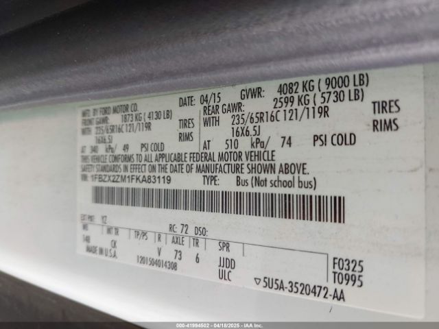 1FBZX2ZM1FKA83119 Ford Transit-350 Xlt