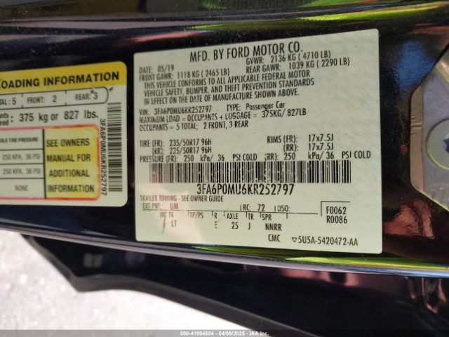 3FA6P0MU6KR252797 Ford Fusion Hybrid Sel