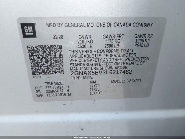 Chevrolet Equinox Awd 1fl 2020 2GNAX5EV3L6217482 Image 9