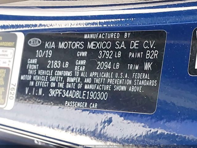3KPF34AD8LE190300 KIA Forte Gt-line