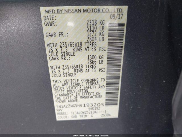 5N1AZ2MG5HN193205 Nissan MURANO SV