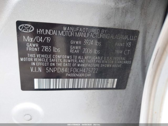 5NPD84LF0KH475722 Hyundai ELANTRA SEL