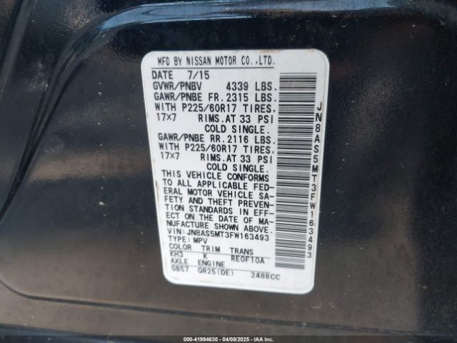 JN8AS5MT3FW163493 Nissan Rogue Select S