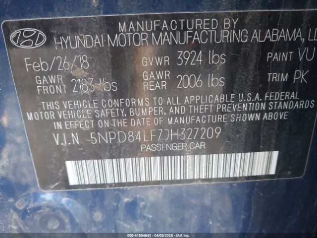 5NPD84LF7JH327209 Hyundai ELANTRA SEL