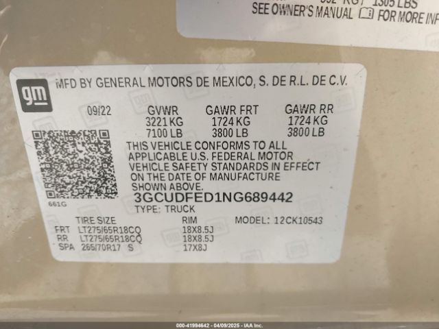 3GCUDFED1NG689442 Chevrolet Silverado 1500 4wd  Short Bed Lt Trail Boss
