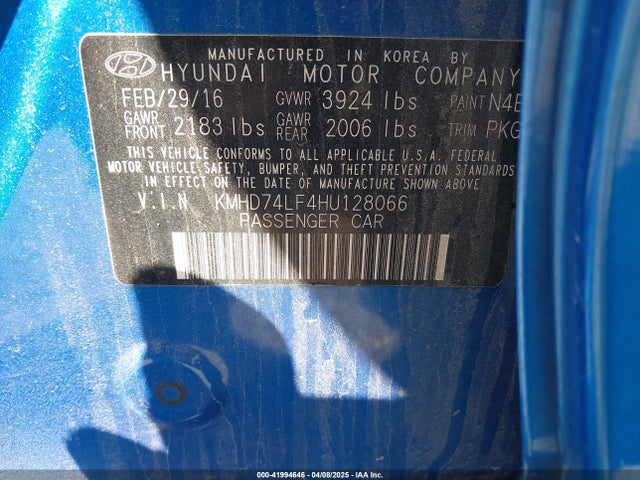 KMHD74LF4HU128066 Hyundai ELANTRA SE