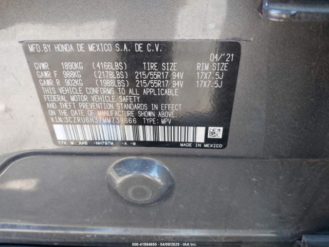 3CZRU6H37MM739666 Honda Hr-v Awd Lx