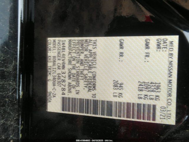 1N4BL4EV4MN378784 Nissan Altima Sl Fwd