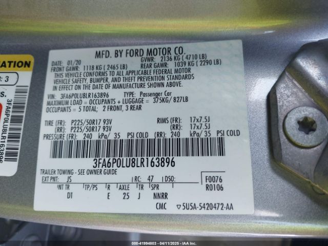 3FA6P0LU8LR163896 Ford Fusion Hybrid Se