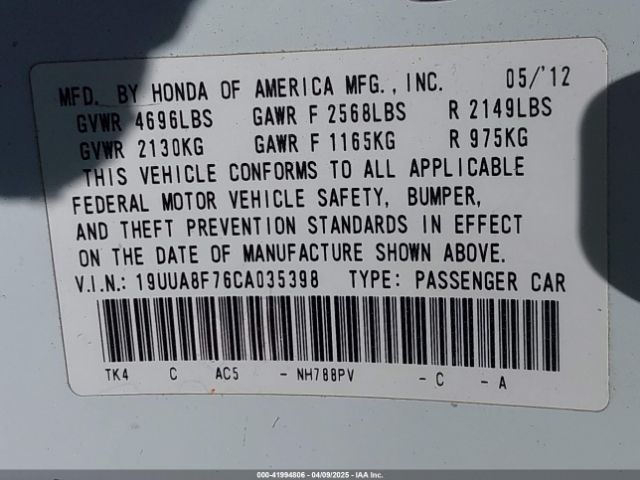 2012 ACURA TL 19UUA8F76CA035398 Photo 8