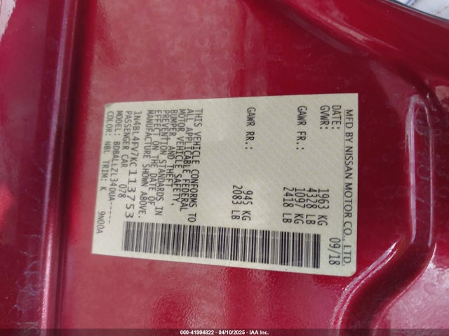 1N4BL4FV7KC113753 Nissan Altima 2.5 Platinum