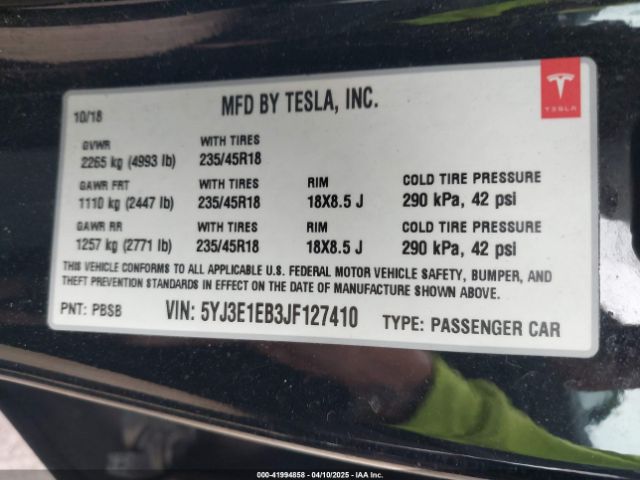 5YJ3E1EB3JF127410 Tesla Model 3 Long Range/performance