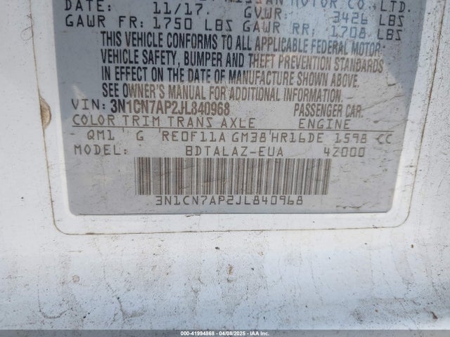 Nissan Versa 1.6 S+ 2018 3N1CN7AP2JL840968 Image 9