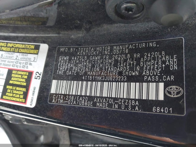 4T1B11HK3JU623233 Toyota CAMRY SE