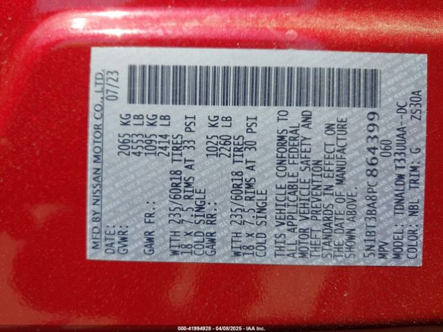 5N1BT3BA8PC864399 Nissan Rogue Sv Fwd