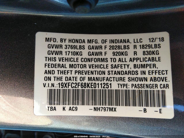 Honda Civic Lx 2019 19XFC2F68KE011251 Image 9